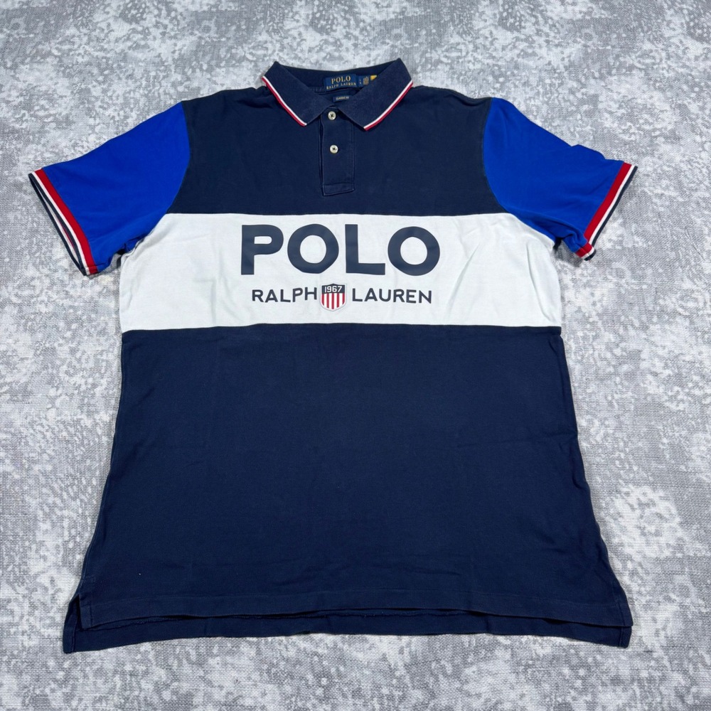 Polo Ralph Lauren Polo Shirt Mens Large Navy Blue Colorblock Graphic Logo 1967